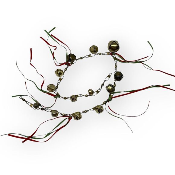 Vintage Holiday Sleigh Jingle Bells Gold Tone Chain Ribbons Various Sizes 26” - Picture 1 of 8